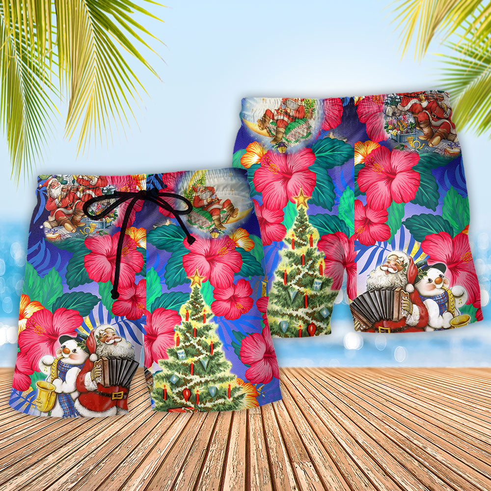 Tropical Christmas Flowers Santa Beach Shorts Print Detail For Beach Activities And Vacation Wear