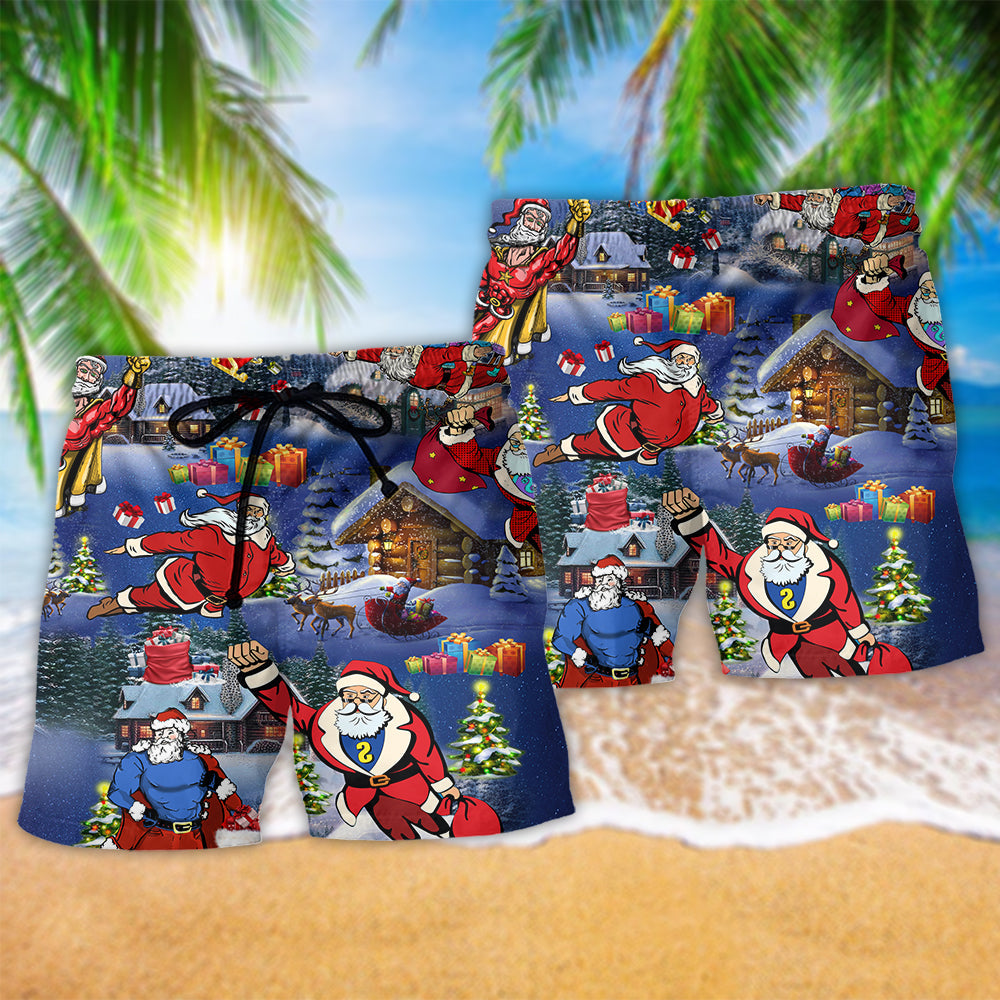 Christmas Flying Super Santa Hawaiian Print Beach Shorts For Festive Outdoor Style