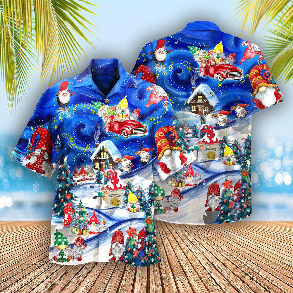 Car Christmas Hanging Gnomies Hawaiian Shirt Pattern Detail For Summer Holidays And Outdoor Fun