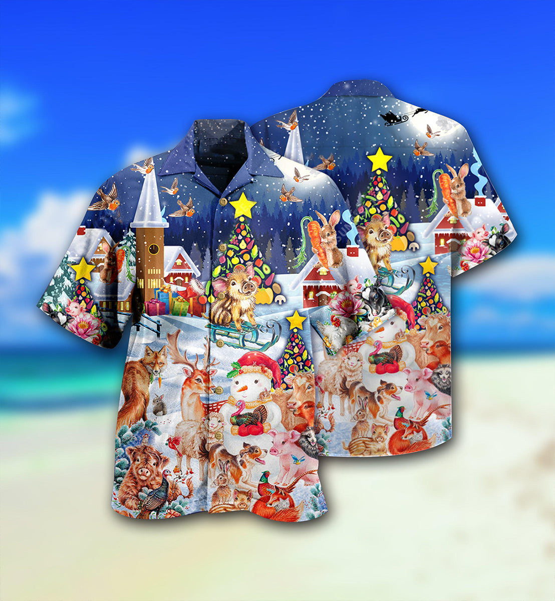 Happy Christmas Animals Night Hawaiian Shirt Design View For Casual Summer Styling