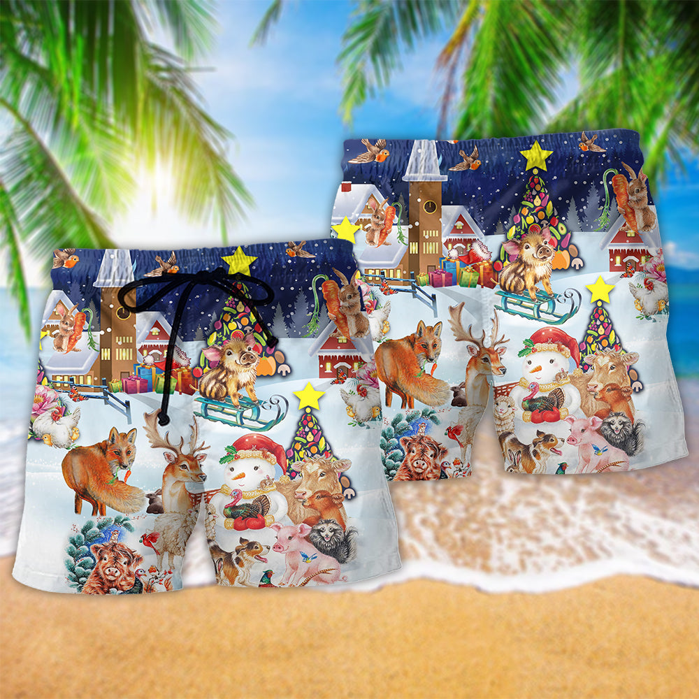 Christmas Happy Animals Snow Hawaiian Print Beach Shorts For Seasonal Summer Travel