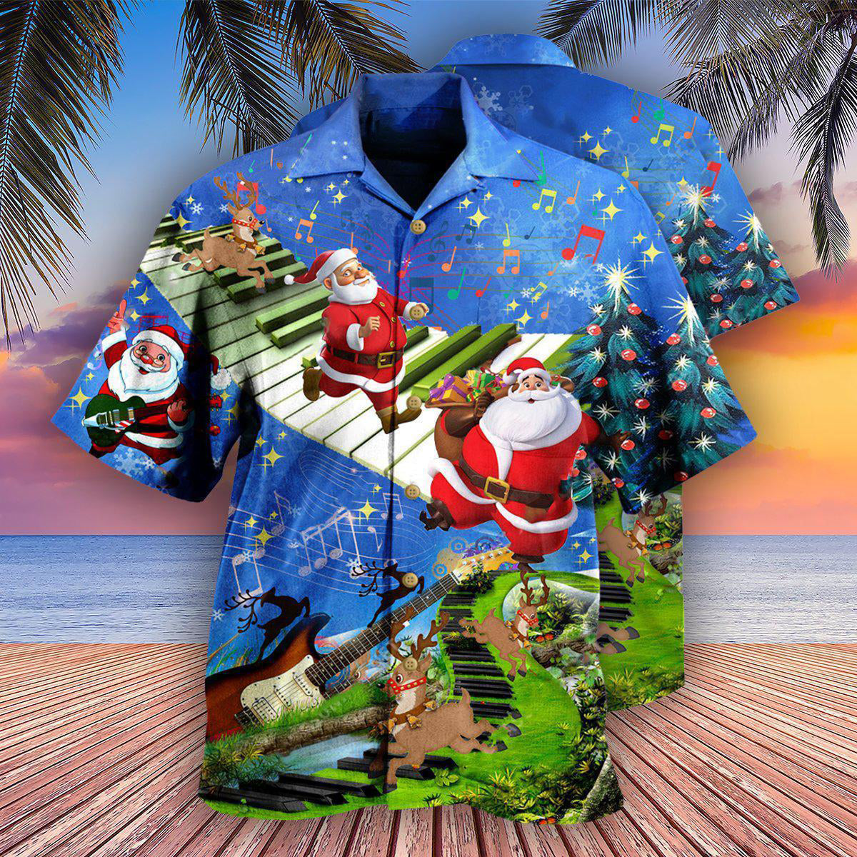 Blue Christmas Jumping Musical Hawaiian Shirt Artwork Detail For Resort Trips And Outdoor Activities