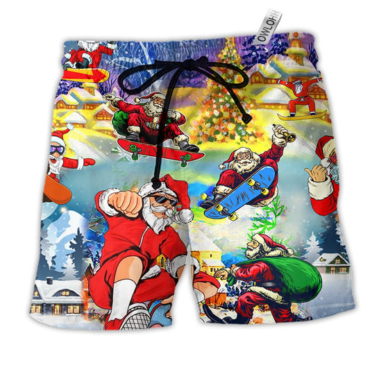 Christmas Jumping On Skateboard Hawaiian Print Beach Shorts For Festive Vacation Wear