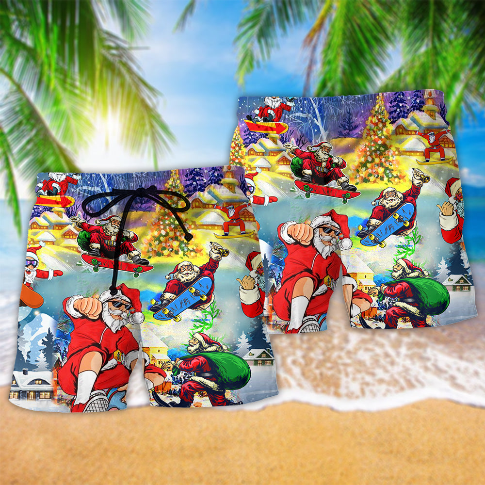 Christmas Jumping On Skateboard Hawaiian Print Beach Shorts For Festive Outdoor Style