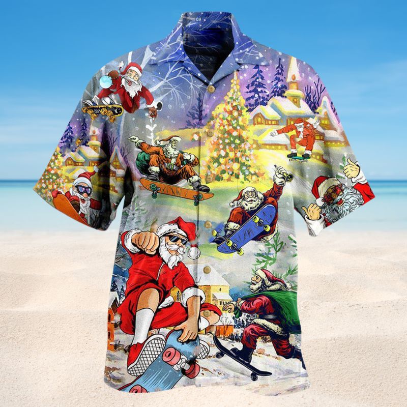 Christmas Jumping On Skateboard Hawaiian Shirt For Summer Vacation Beach Travel And Relaxed Casual Wear