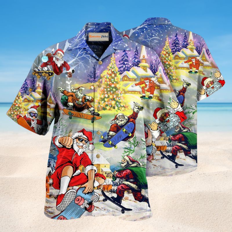 Christmas Jumping On Skateboard Hawaiian Shirt For Summer Vacation Beach Travel And Relaxed Casual Wear