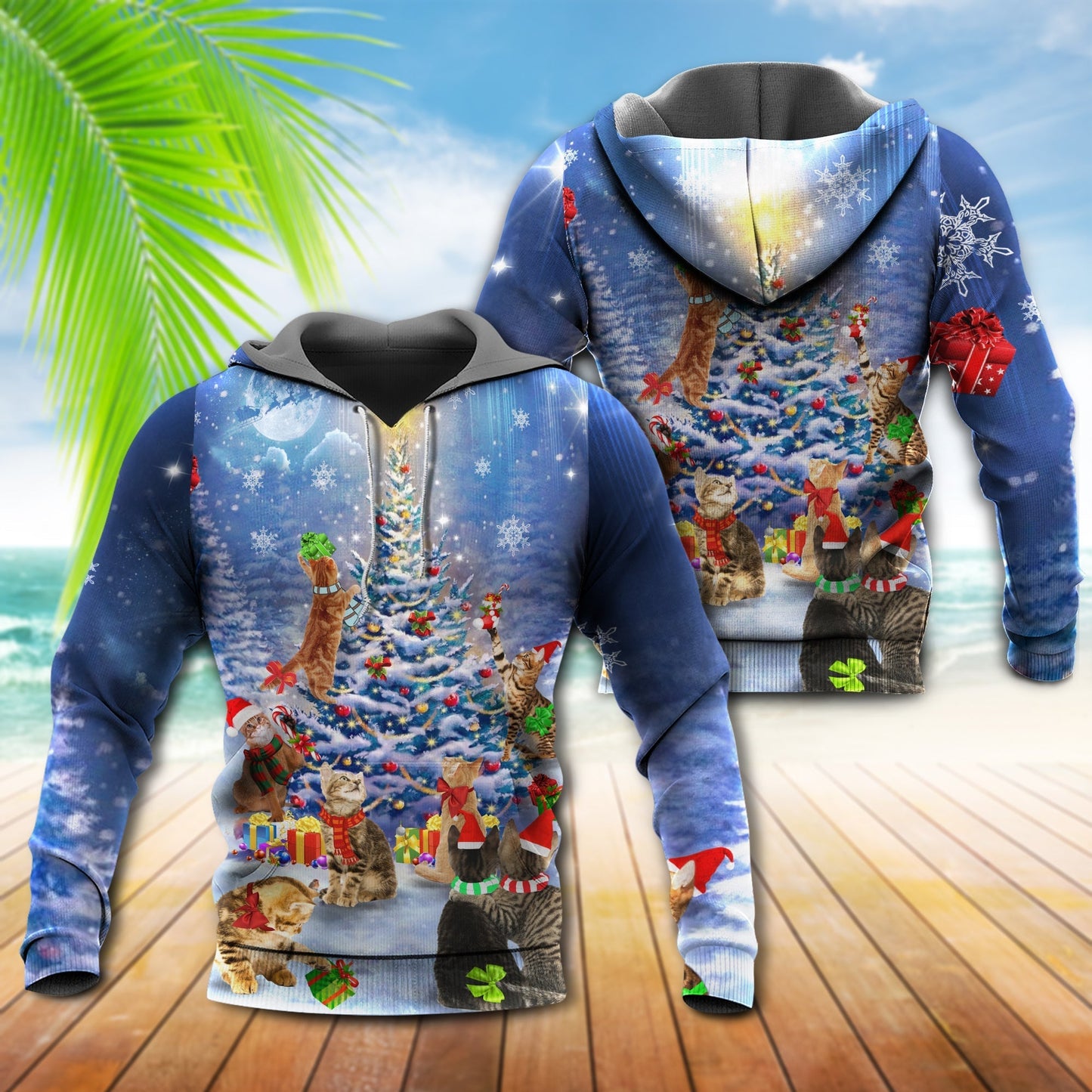 Christmas Cat Love Night Hoodie For Winter Streetwear Christmas Travel And Seasonal Home Gatherings