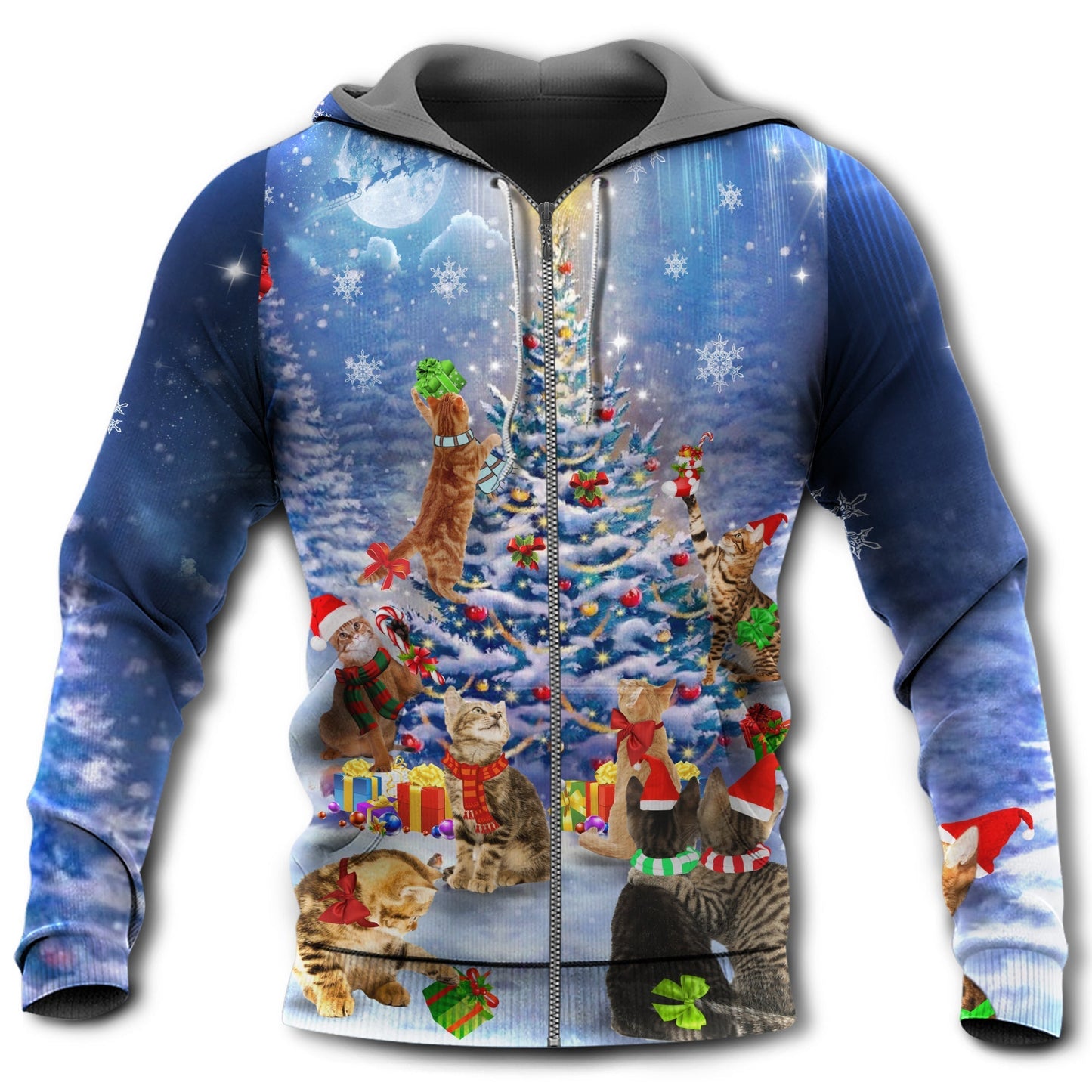 Christmas Cat Love Night Hoodie For Winter Streetwear Christmas Travel And Seasonal Home Gatherings