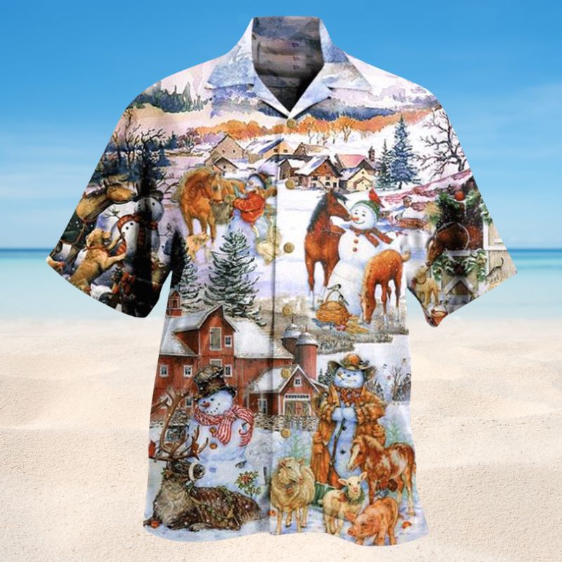Christmas Horse Farm Hawaiian Shirt For Winter Celebrations, Beach Travel, And Relaxed Holiday Wear