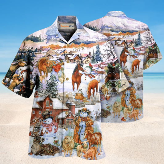 Christmas Horse Farm Hawaiian Shirt For Winter Celebrations, Beach Travel, And Relaxed Holiday Wear