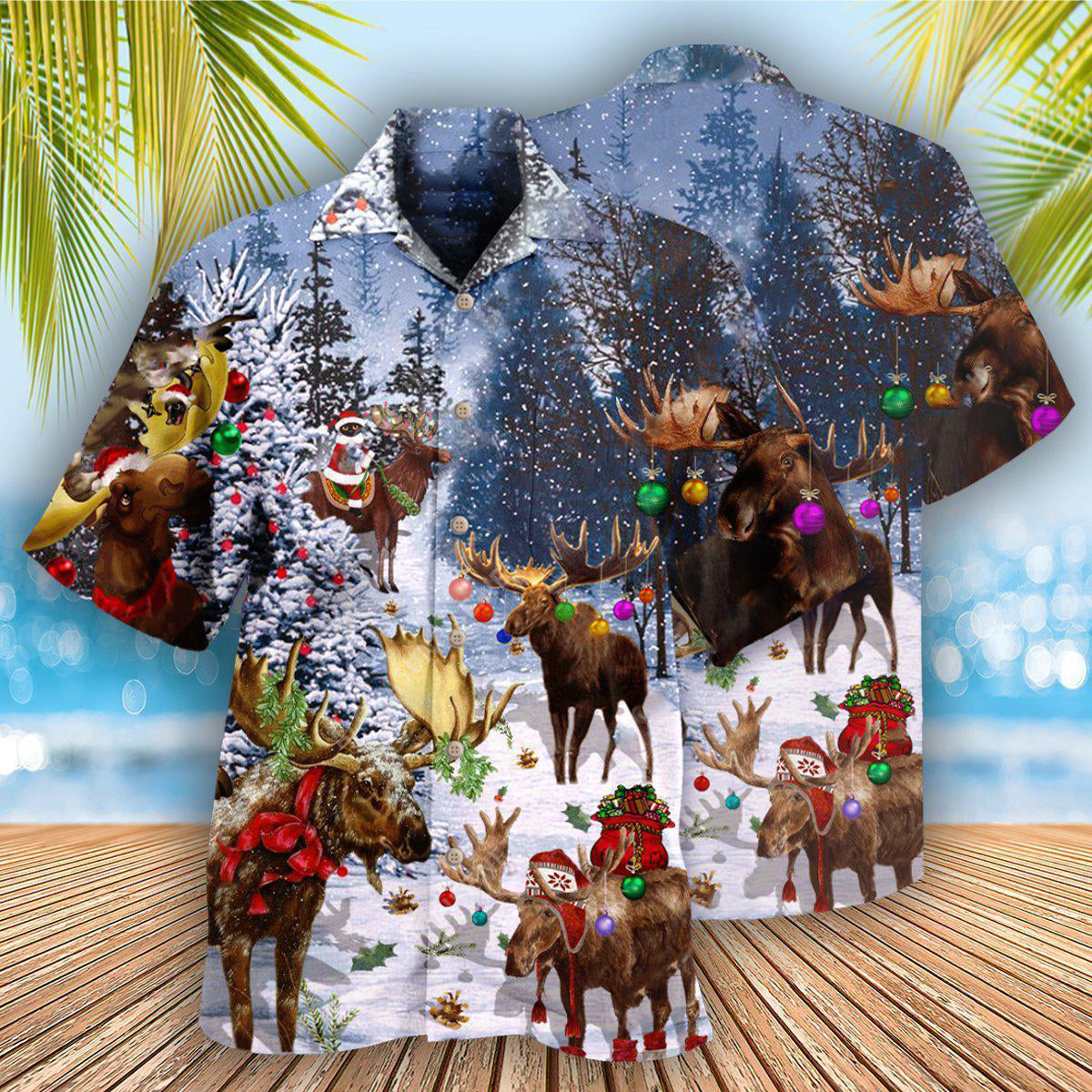 Festive Moose Christmas Hawaiian Shirt For Vacation Days And Relaxed Coastal Outings