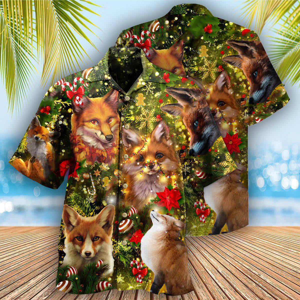 Festive Christmas Foxmask Hawaiian Shirt Pattern Detail For Summer Holidays And Outdoor Fun
