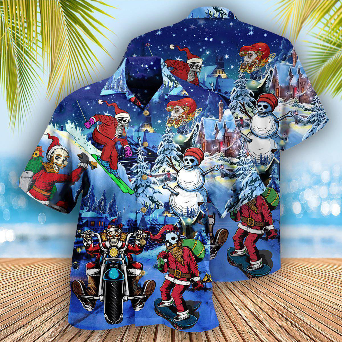 Festive Skull Christmas Hawaiian Shirt Design Detail For Beach Days And Holiday Travel