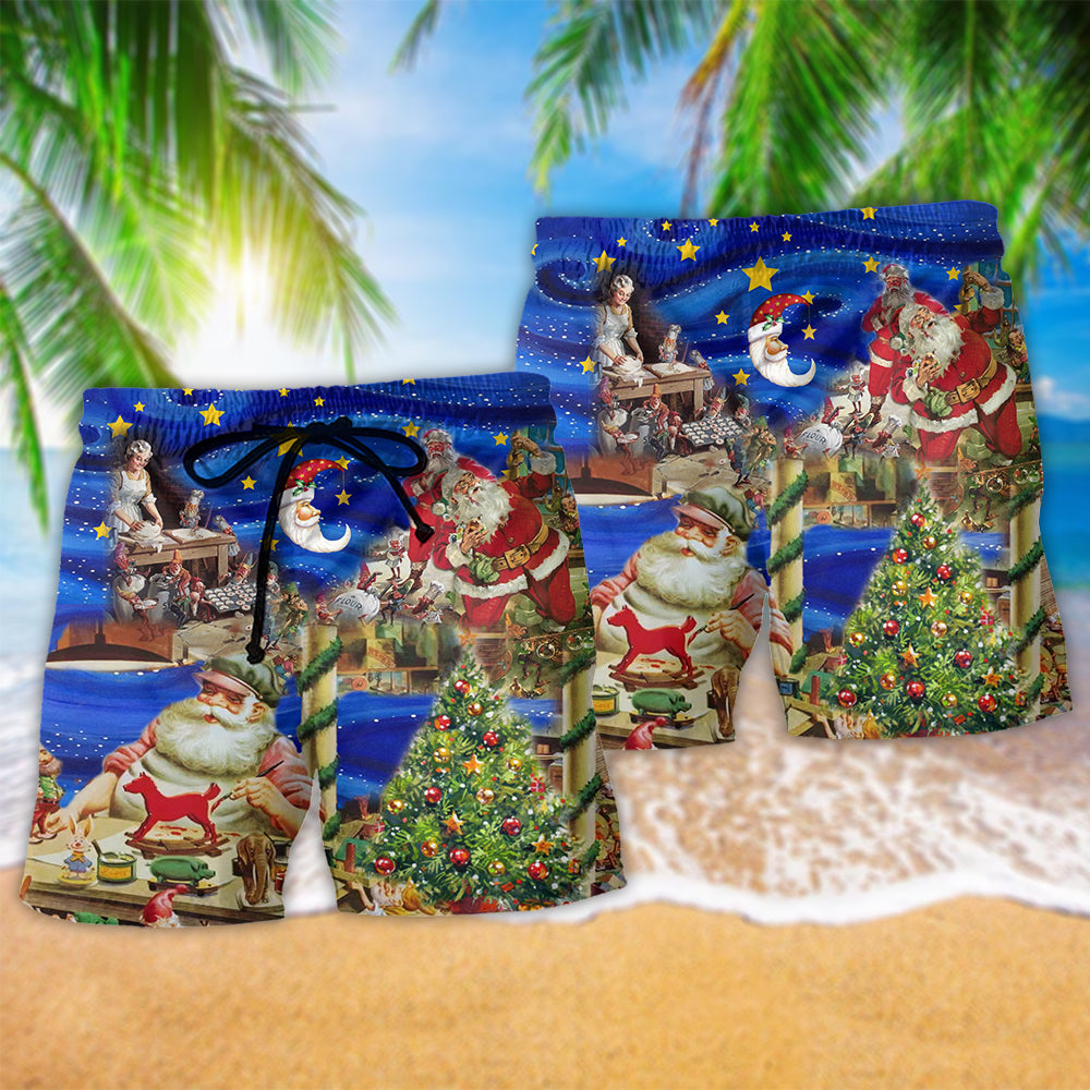 Christmas Night Toy Workshop Beach Shorts Design Detail For Weekend Getaways And Beach Days