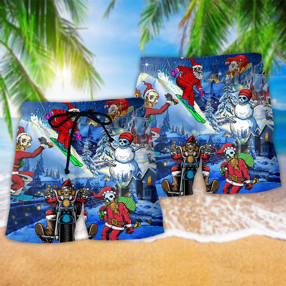 Christmas Night With Skull Hawaiian Print Beach Shorts For Seasonal Summer Travel