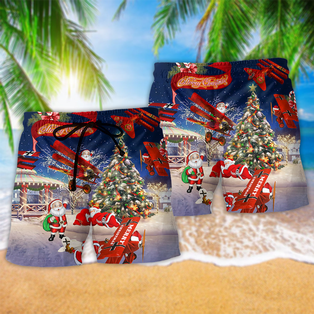 Christmas Santa Loves Airplane Fun Beach Shorts For Summer Vacation And Coastal Travel