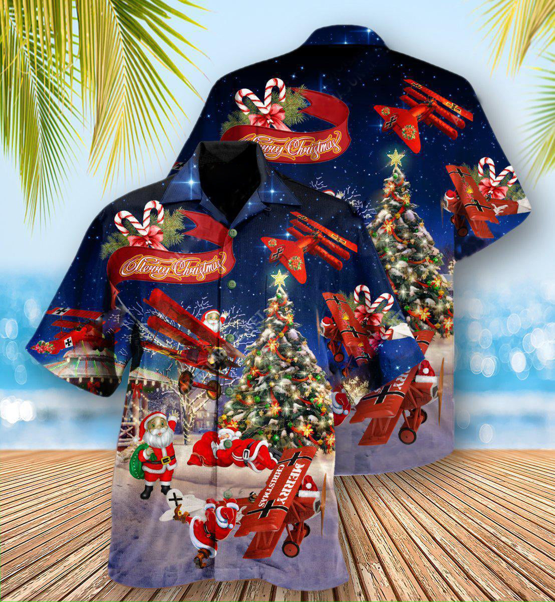 Blue Airplane Christmas Reindeer Any Santa Hawaiian Shirt Artwork Detail For Resort Trips And Outdoor Activities