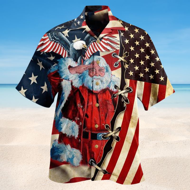 Christmas Patriot Santa Clause Hawaiian Shirt For Winter Celebrations, Beach Travel, And Relaxed Holiday Wear