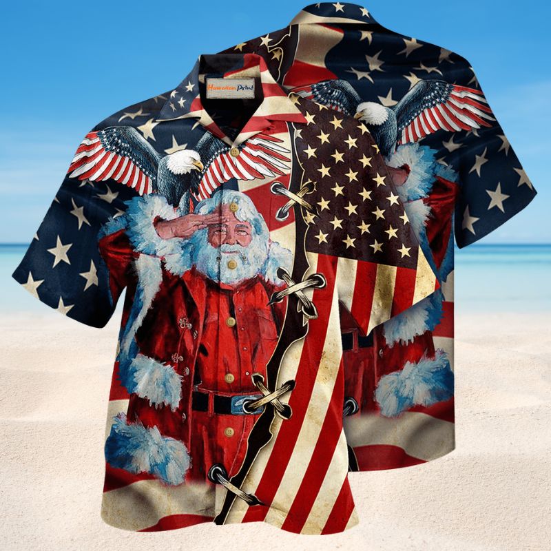 Christmas Patriot Santa Clause Hawaiian Shirt For Winter Celebrations, Beach Travel, And Relaxed Holiday Wear