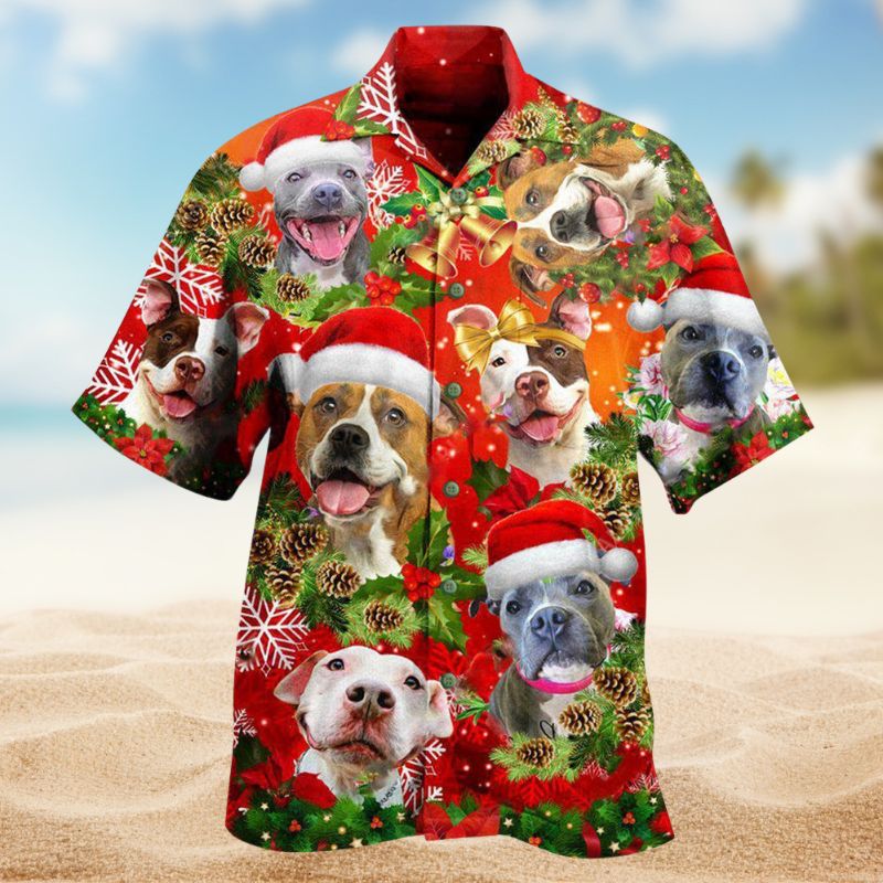 Christmas Pitbull Family Hawaiian Shirt For Christmas Gatherings, Resort Trips, And Cheerful Seasonal Style