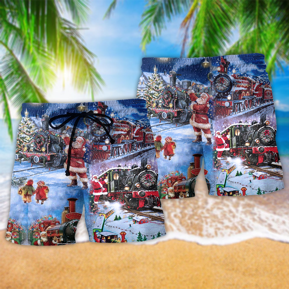 Christmas Santa Train Happiness Beach Shorts Design Detail For Coastal Escapes And Daily Wear