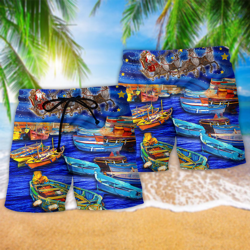 Christmas Santa Boat Beach Shorts Pattern Detail For Relaxed Weekends And Bright Summer Outfits