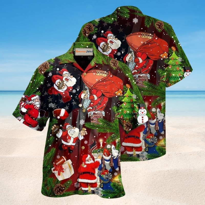 Christmas Santa Football Fan Hawaiian Shirt For Holiday Parties, Tropical Vacations, And Festive Gift Giving