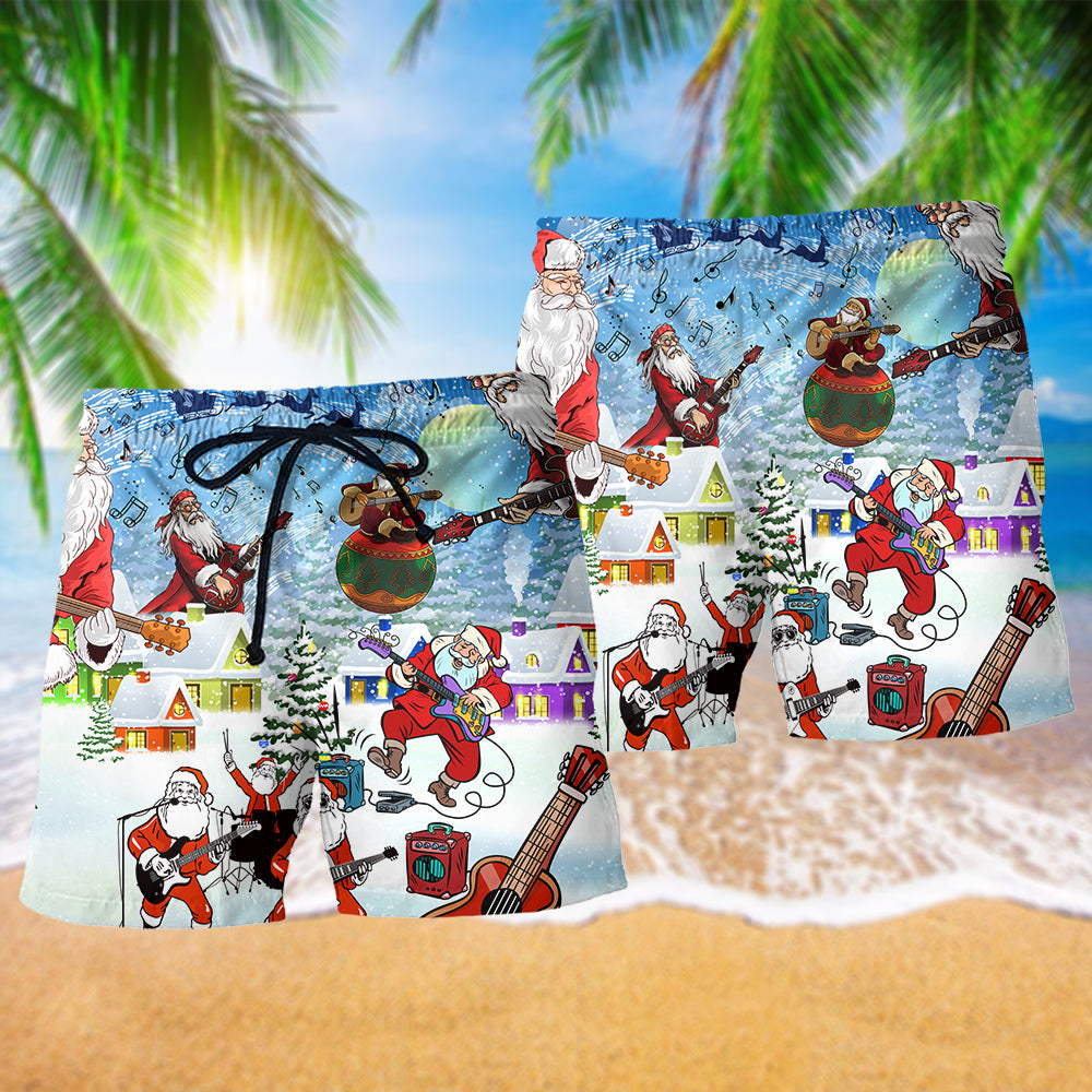 Santa Loves Music And Guitar Beach Shorts For Festive Vacation And Holiday Travel