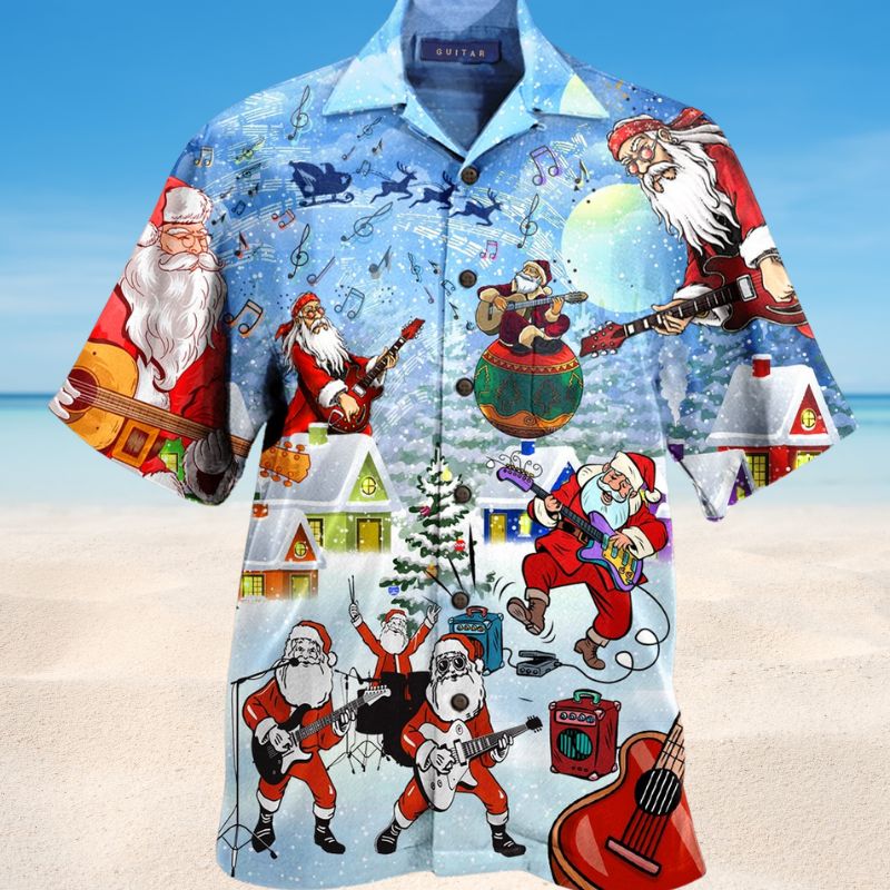 Christmas Santa Music Guitar Hawaiian Shirt For Island Vacations, Resort Wear, And Relaxed Seasonal Style