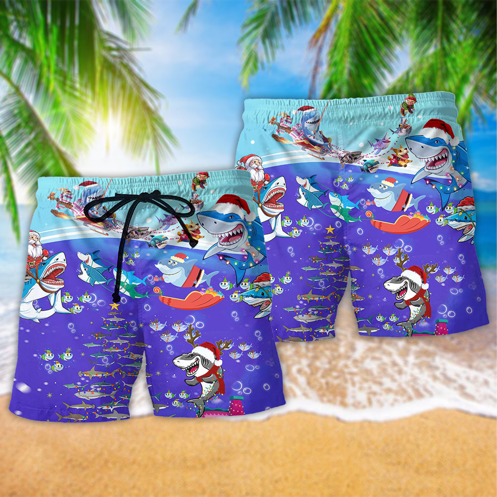Christmas Ocean Santa Shark Beach Shorts Pattern Detail For Relaxed Weekends And Bright Seasonal Outfits