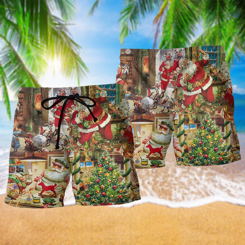 Christmas Santa's Toy Workshop Beach Shorts Print Detail For Thoughtful Gift Giving