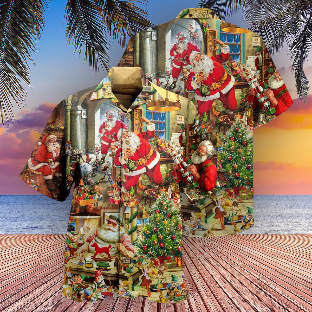 Christmas Santa's Toy Workshop Night Hawaiian Shirt Artwork Detail For Resort Trips And Outdoor Activities