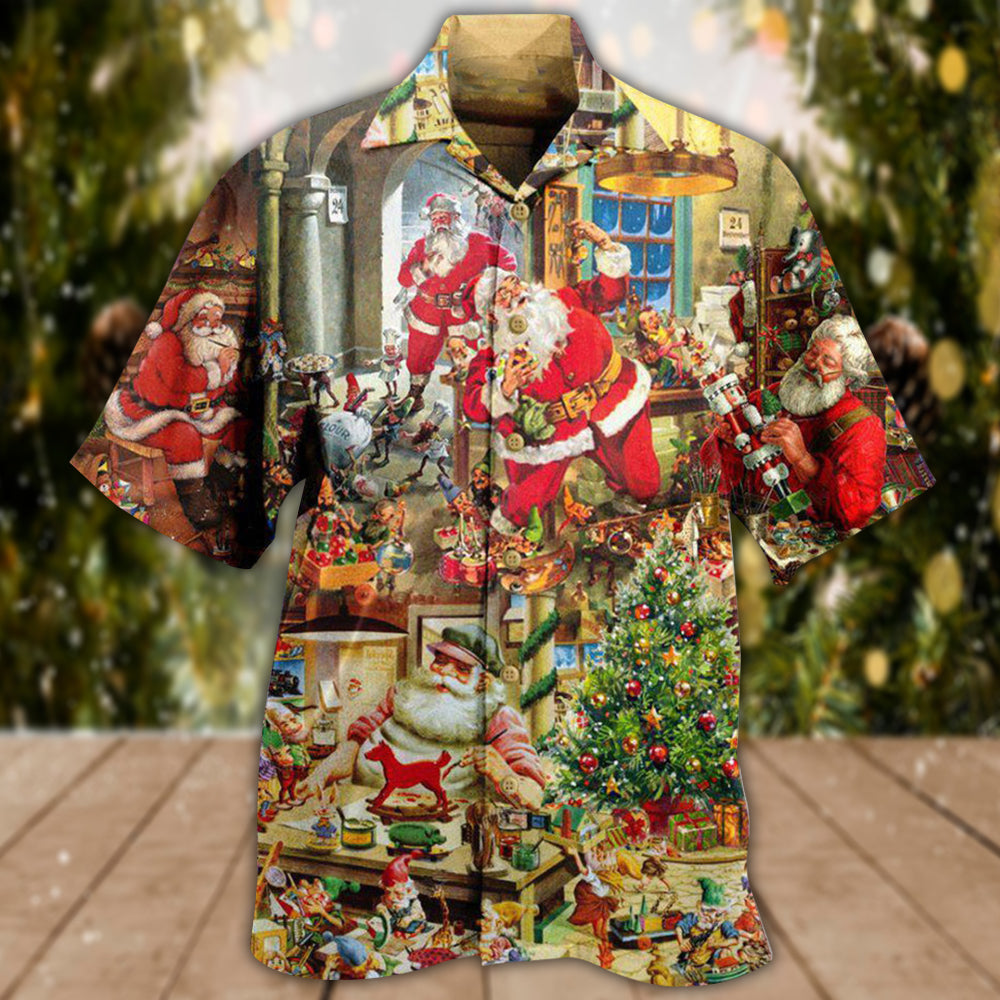 Christmas Santa's Toy Workshop Night Hawaiian Shirt Design View For Casual Summer Styling