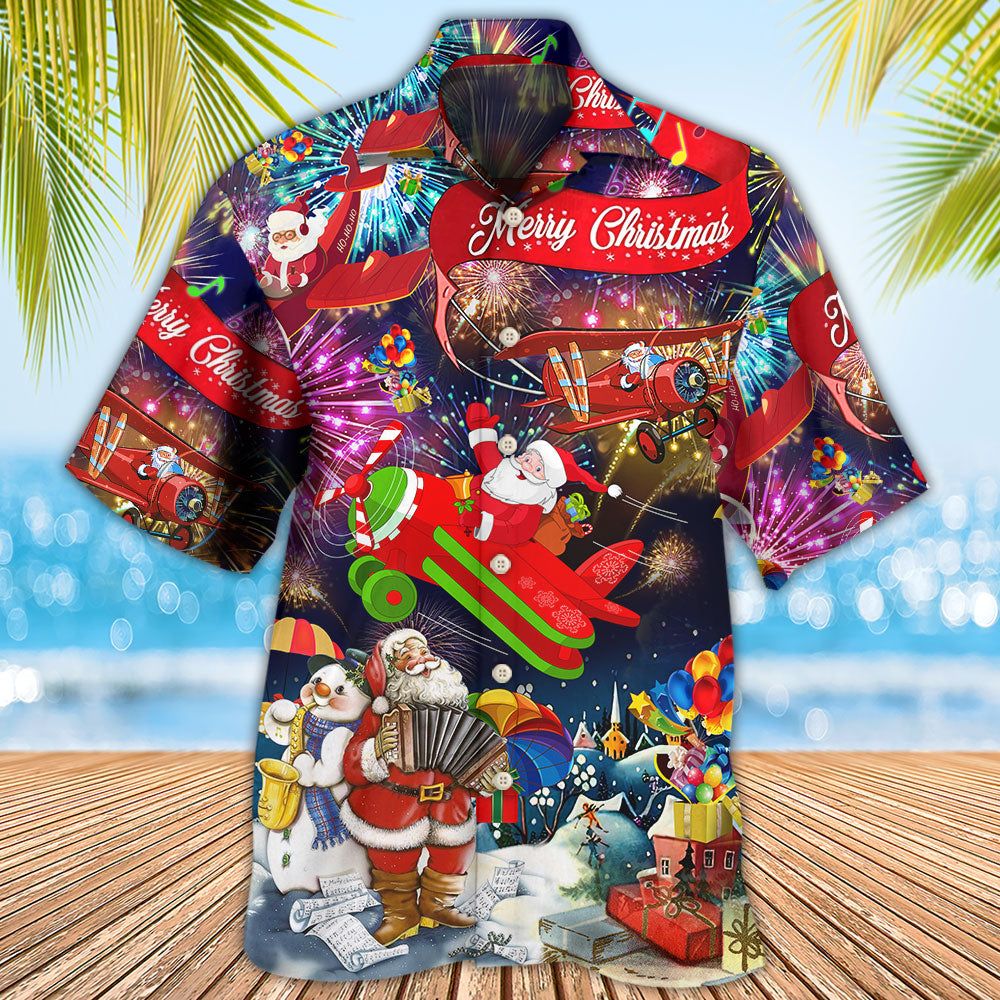 Festive Christmas Spreading Plane Hawaiian Shirt Pattern Detail For Vacation Travel And Daily Wear