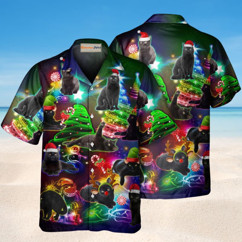 Christmas Tree Black Cat Hawaiian Shirt For Beach Days, Summer Outings, And Thoughtful Gift Giving