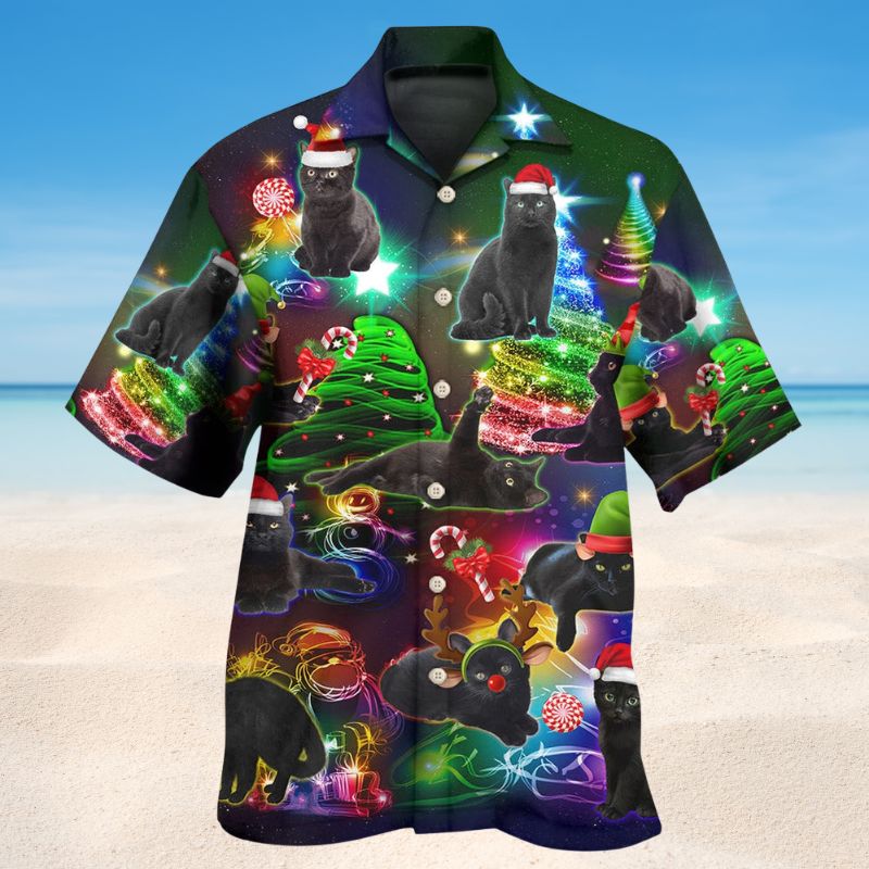 Christmas Tree Black Cat Hawaiian Shirt For Beach Days, Summer Outings, And Thoughtful Gift Giving