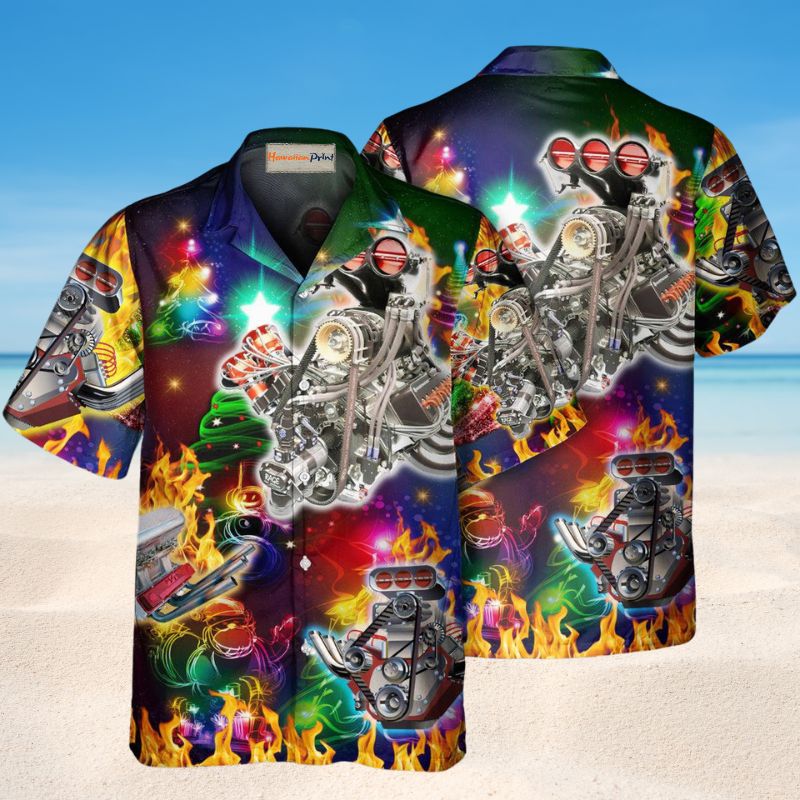 Christmas Tree Hot Rod Hawaiian Shirt For Festive Events, Island Vacations, And Comfortable Casual Outfits