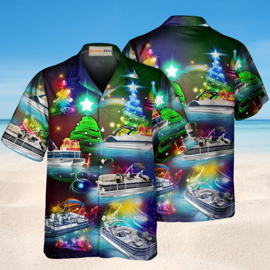 Christmas Tree Pontoon Hawaiian Shirt For Festive Events, Island Vacations, And Comfortable Casual Outfits