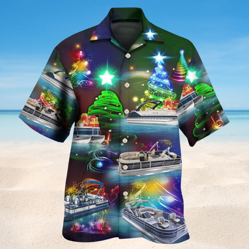 Christmas Tree Pontoon Hawaiian Shirt For Festive Events, Island Vacations, And Comfortable Casual Outfits