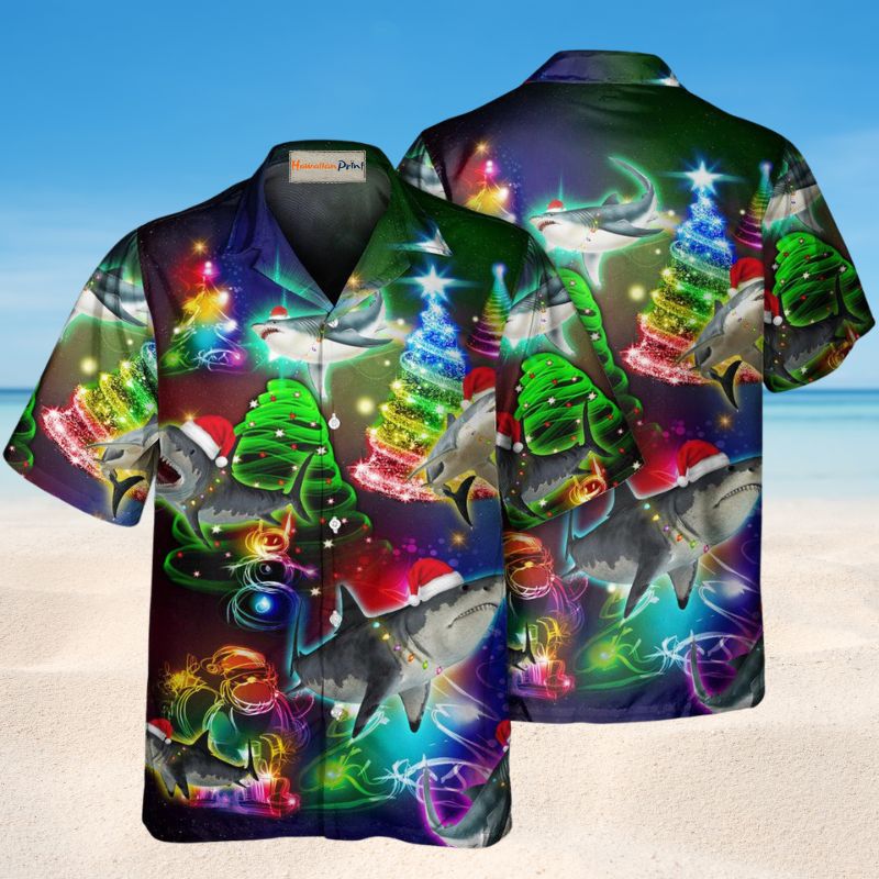 Christmas Tree Shark Hawaiian Shirt For Coastal Travel, Casual Events, And Comfortable Summer Wear
