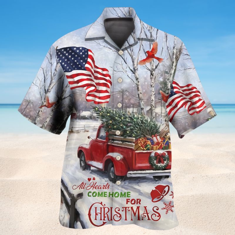 Christmas Truck Cardinal Hawaiian Shirt For Summer Vacation, Beach Travel, And Casual Wear