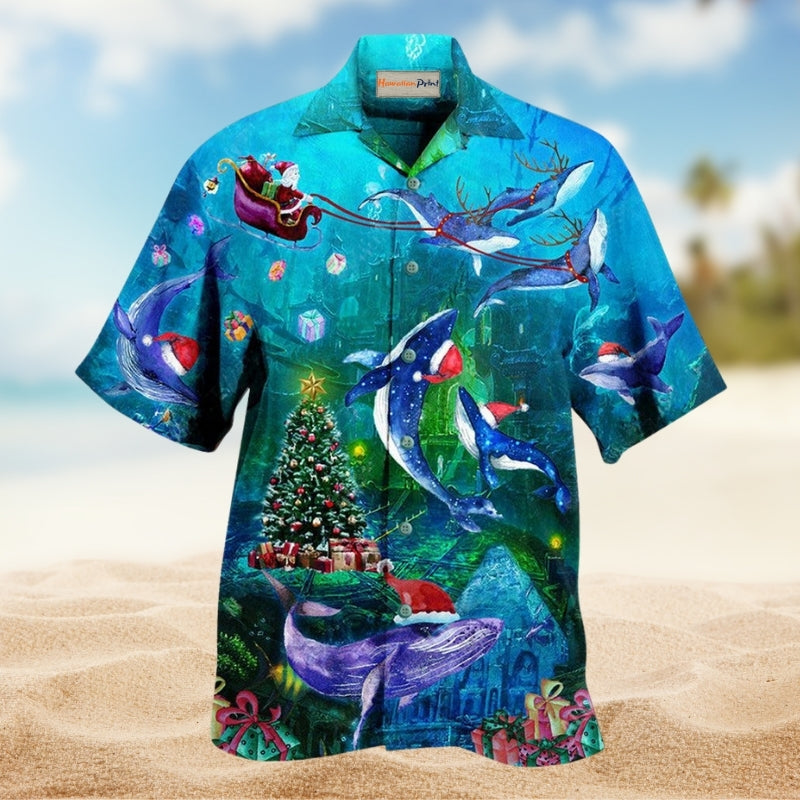 Christmas Whales In The Ocean Hawaiian Shirt For Summer Vacation Beach Travel And Relaxed Casual Wear