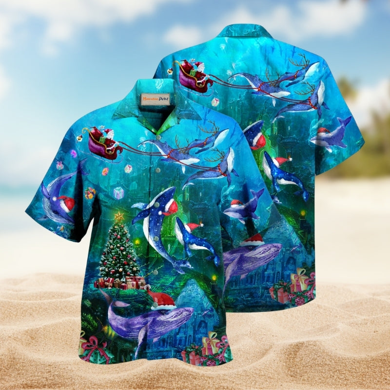 Christmas Whales In The Ocean Hawaiian Shirt For Summer Vacation Beach Travel And Relaxed Casual Wear