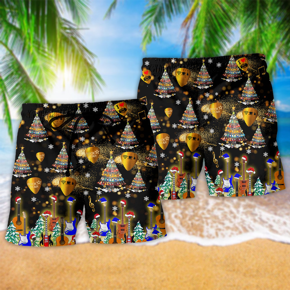 Yes Guitar Christmas Beach Shorts Pattern Detail For Weekend Travel And Leisure And Relaxation