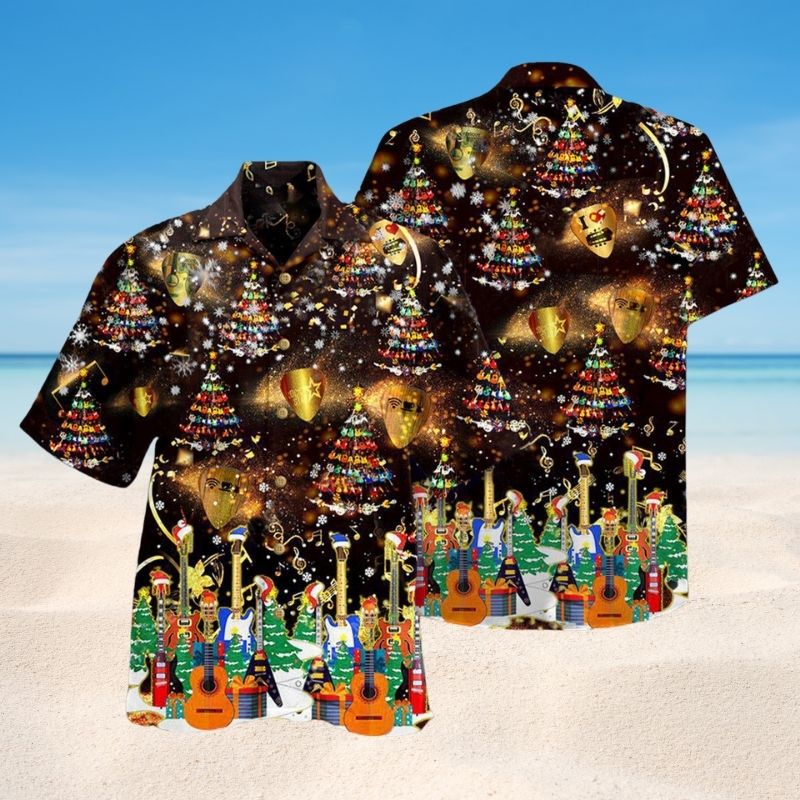 Christmas Yes Speak Guitar Hawaiian Shirt For Resort Trips, Coastal Parties, And Warm Weather Style