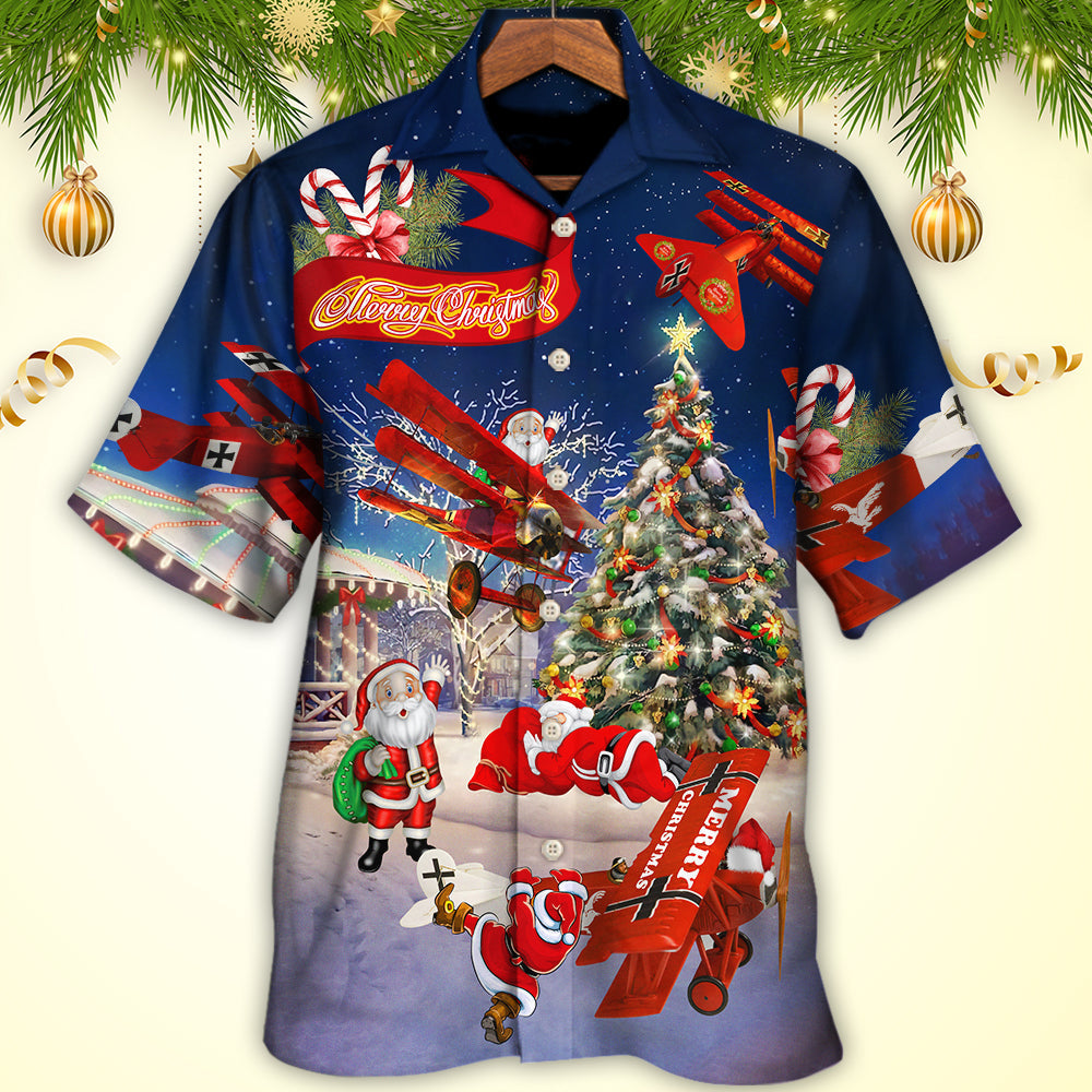 Blue Airplane Christmas Reindeer Any Santa Hawaiian Shirt Design View For Casual Summer Styling