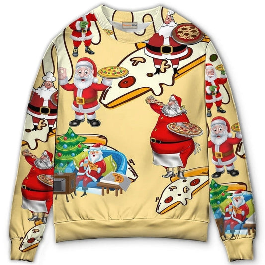 Christmas Santa Eating Pizza Fun Sweater For Winter Parties Seasonal Adventures And Relaxed Everyday Styling