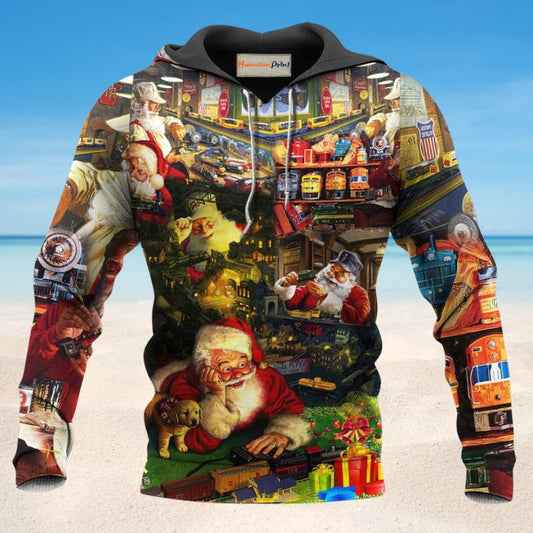Christmas Santa Toy Train Factory Hoodie For Winter Adventures Family Gatherings And Festive Everyday Style