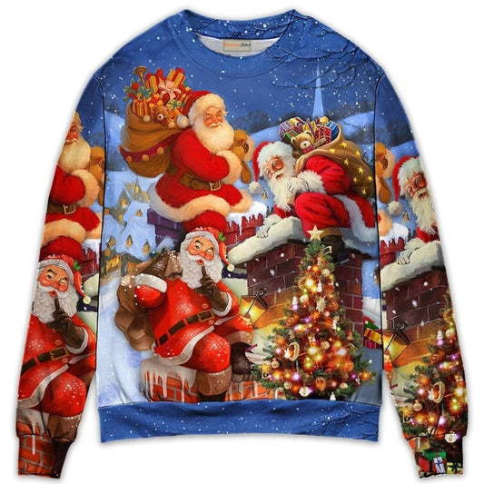 Christmas Santa Up On Rooftop Sweater For Family Gatherings Winter Travel And Everyday Seasonal Comfort