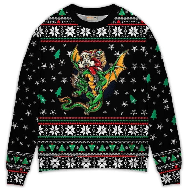 Christmas Santa With Fantasy Dragon Sweater For Festive Parties Family Photos And Comfortable Seasonal Wear